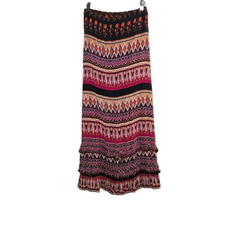 Boho Festival Maxi Skirt Size S Tribal Print Tiered Ruffle Hem Hippie Gypsy Cott - Picture 8 of 13